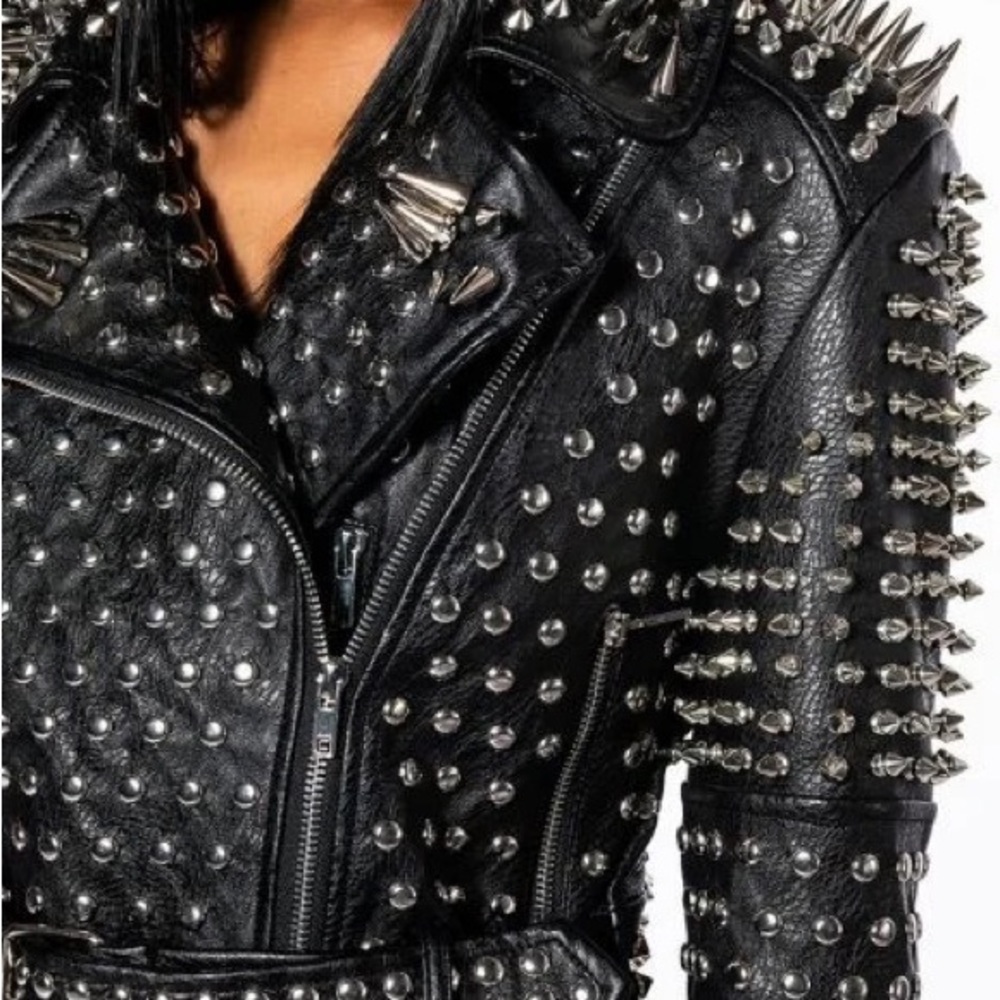 Azalea Wang/AKIRA Pop Out Black Leather Stud Moto Jacket